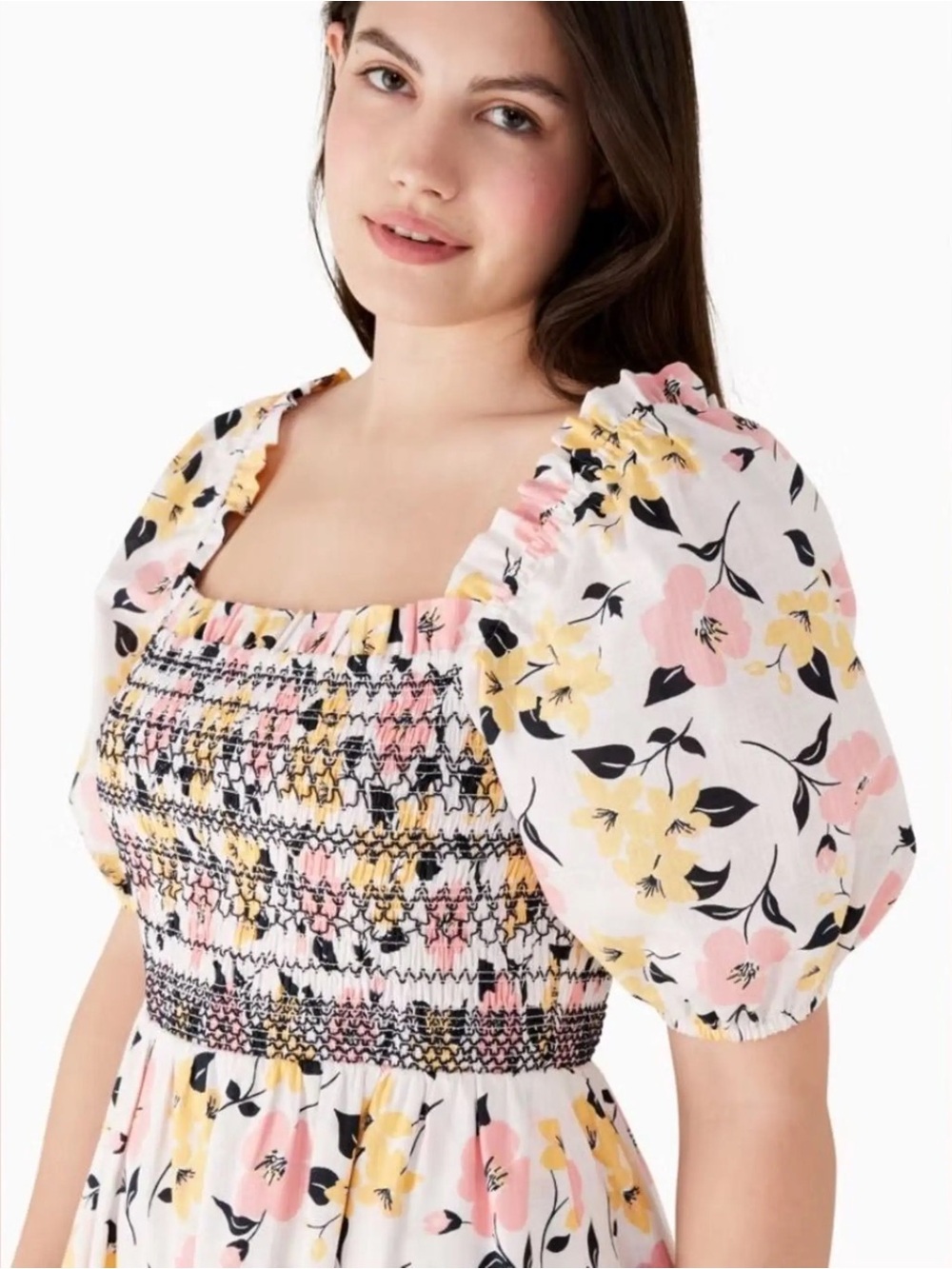 Kate Spade Lilly Blooms Puff Sleeve Peplum Top - Pink & Yellow